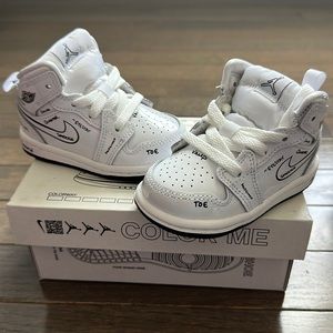 Jordan 1 Mid Schematic sneaker. BRAND NEW. Size 4C. white patent leather.